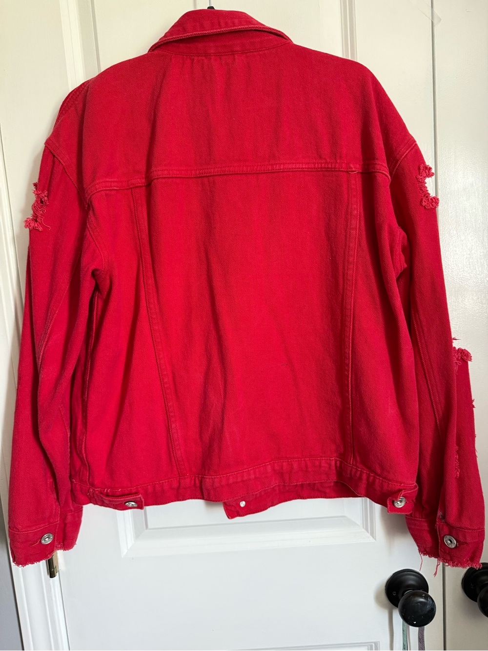 Red Distressed Denim Jacket - Women - Picture 6 of 7
